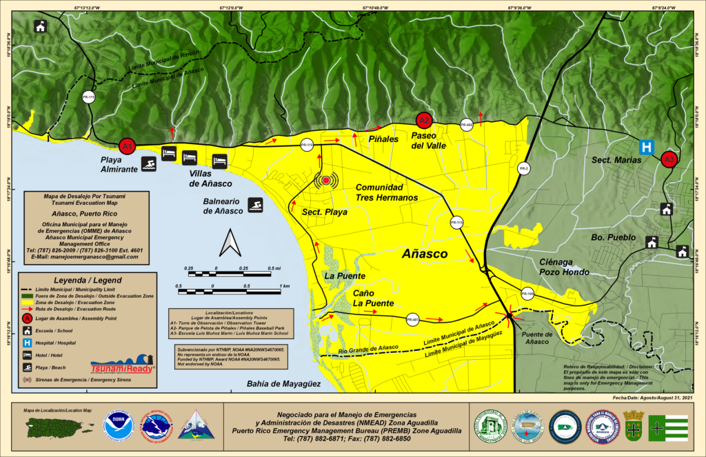 Información de emergencia ruta de evacuación en caso de tsunami